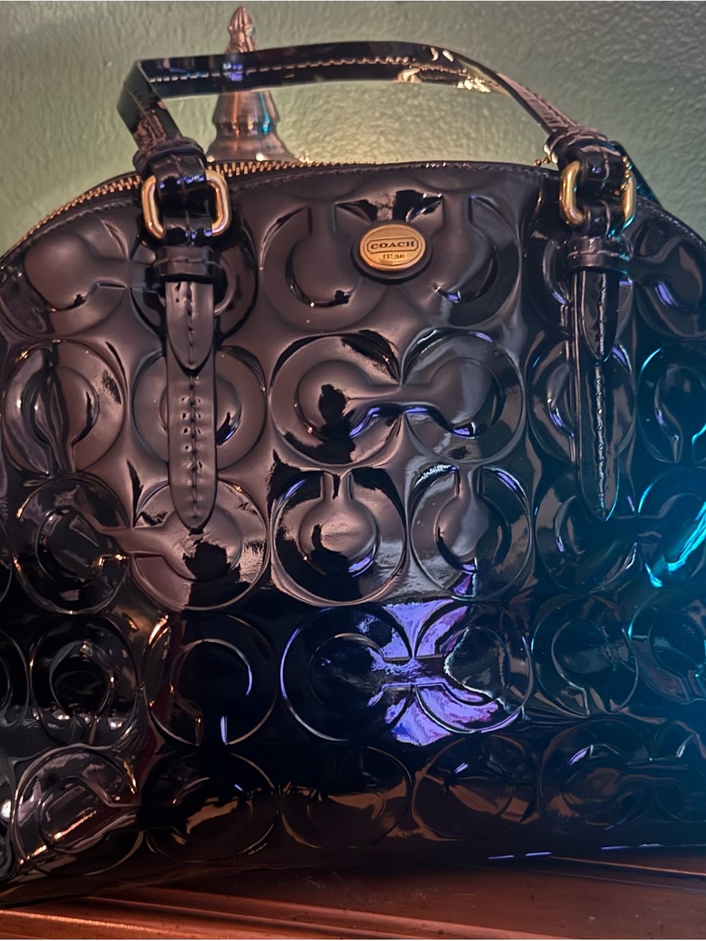 Coach Black Patent Leather Signature Dome Satchel with Gold Hardware